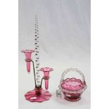 Vintage Cranberry glass two branch Epergne with central spiral twist of clear glass and a