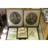 Two framed 19th century military prints a hunting print and a pair of pastel portraits.