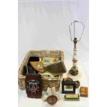 Wicker Basket of Mixed Collectables to include Onyx Desktop Items, Bags, Plaques, etc