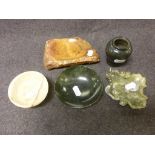 Collection of carved hardstone, soapstone and jade type bowls and dishes to include soapstone ash