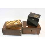 Victorian Mahogany Games Box with checkered games board to folding top and wooden draught pieces