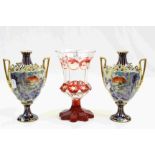 Pair of twin handled Continental ceramic Vases with hand painted decoration and a Bohemian cut glass