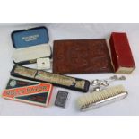 Collectables to include slide rule, Rolls razors, dominoes, vesta, notebook etc