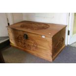 Large Hardwood Blanket Box carved with panels of Elephants, Birds, Landscape, Mountains, etc, 105cms