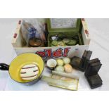 Box of Mixed Collectables including Marble Eggs, Vintage Clock, Oak Tobacco Jar, Engraving Kit, etc