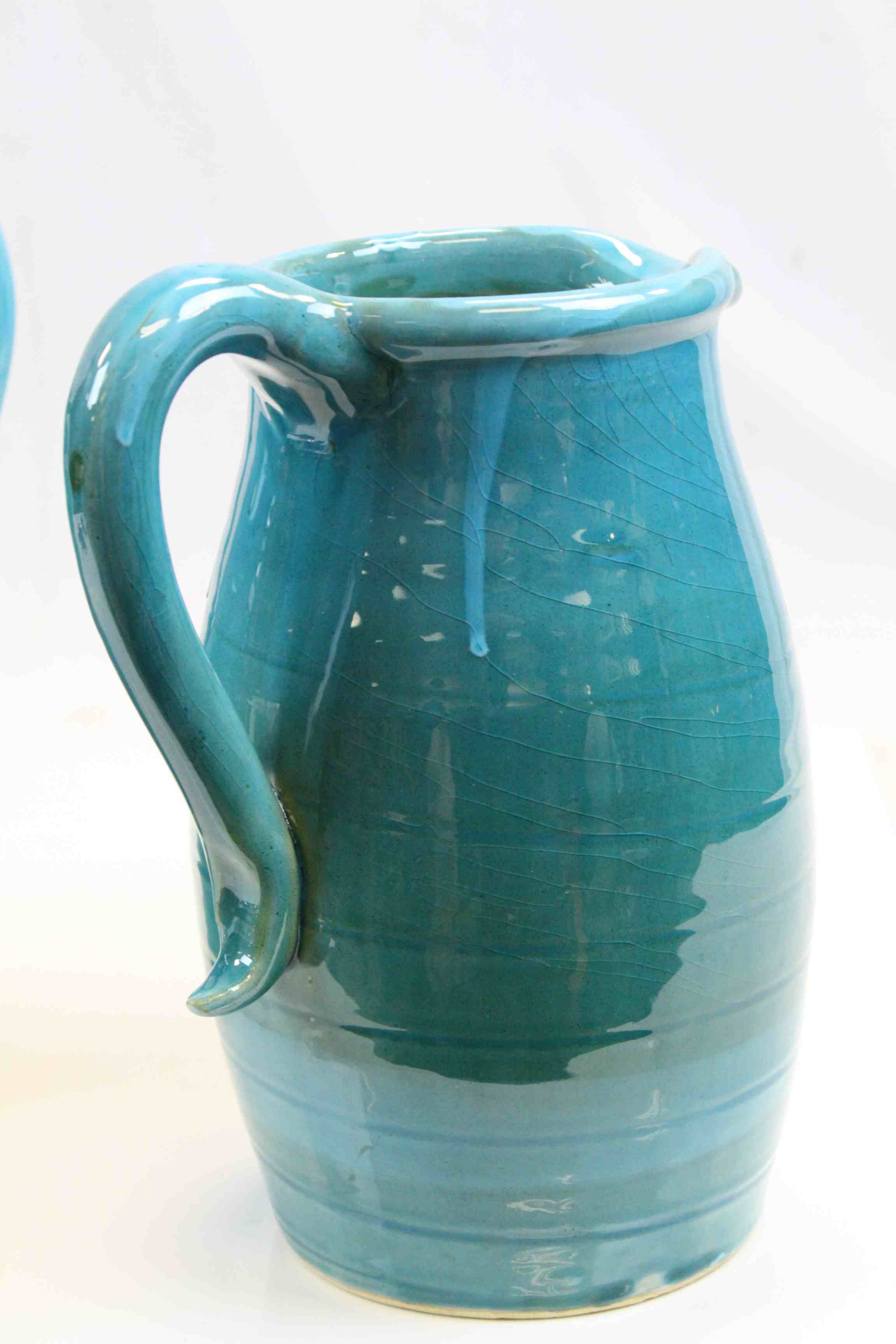 Two Persian Cyan Glazed Pitchers / Water Jugs, approx. 25cms high - Image 2 of 5