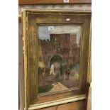 A framed antique watercolour street scene with monk Indistincly signed Jephson ?.