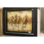 Framed Equine Impressionist Style Oil Painting Horse Race Jockeys at Full Gallop, signed