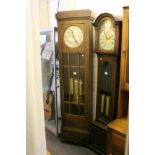 Early 20th century Oak Longcase Clock with Three Train Movement, Square Top with Silvered Face,