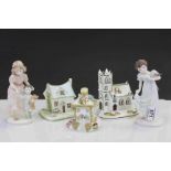 Three Coalport ceramic houses to include "The Village Church" & two Coalport figurines to include "A