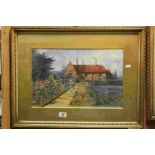 Gilt framed & glazed Watercolour of a House and garden with Sunflowers, signed "H.J.J Sept' 1901"