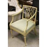 Sheraton Style Painted Elbow Chair with Diamond Fretwork Back Panel and Drop In Cushion Seat
