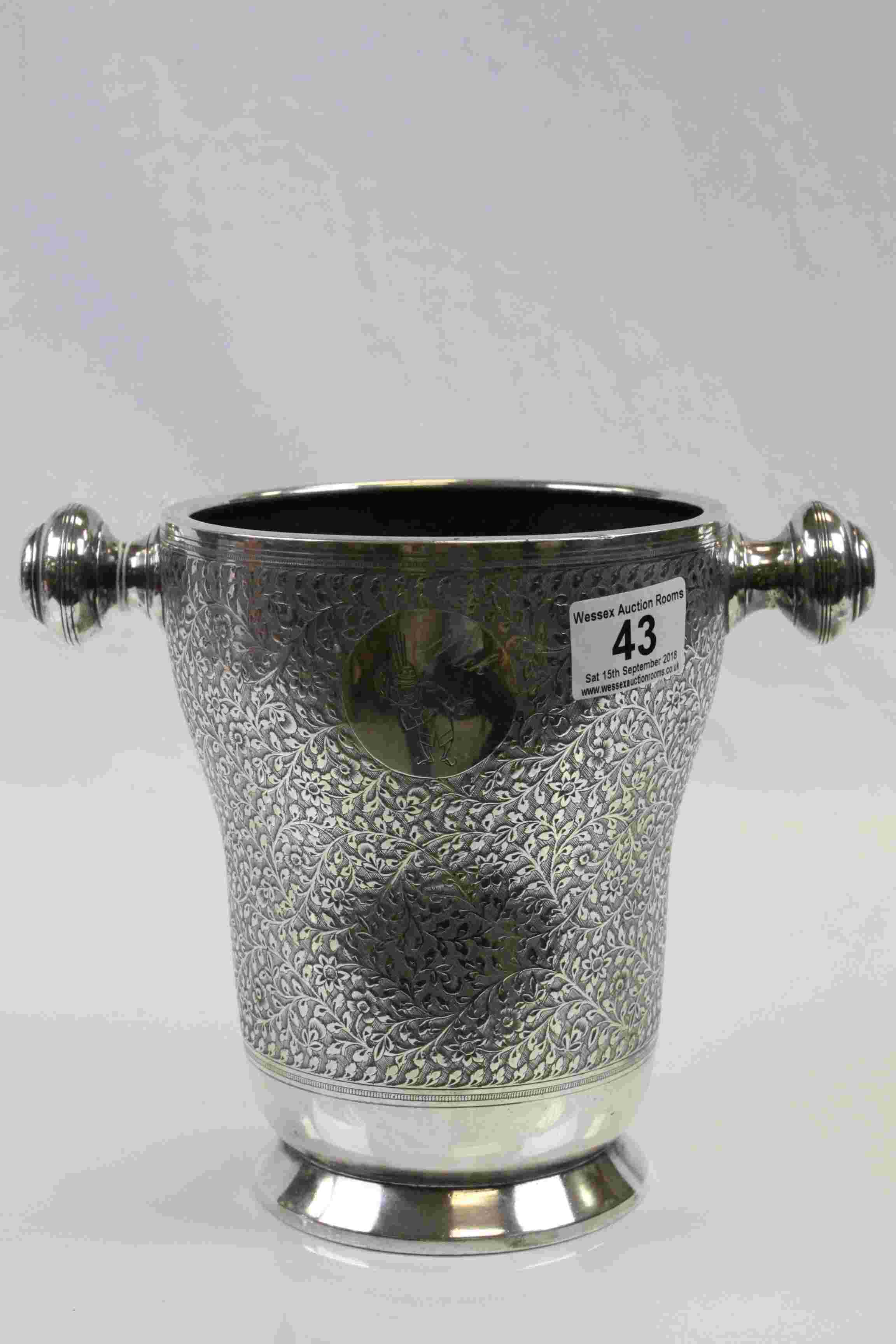 Indian White Metal Twin Handled Wine Bucket with Ornate Floral Decoration