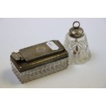 Victorian silver topped cut glass inkwell, engine turned decoration with circular blank cartouche to