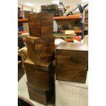 Two Sets of Three Stacking Square Hardwood Storage Boxes and Single Square Hardwood Square Box