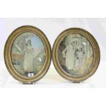 Pair of Georgian oval framed & glazed Embroidery pictures on Silk