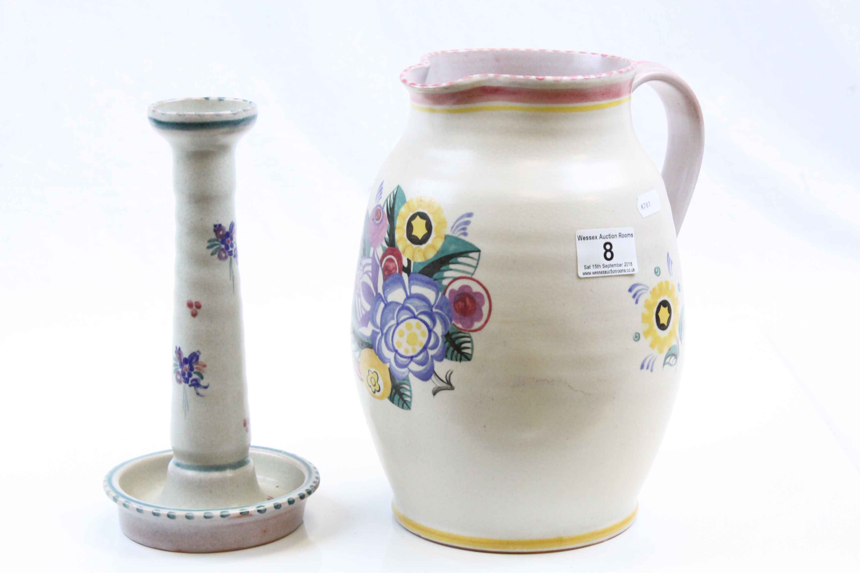Large Carter Stabler Adams Poole Pottery jug, numbered 263 & similar candlestick numbered 256