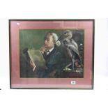 Framed Satirical Watercolour of a Lawyer with Heron