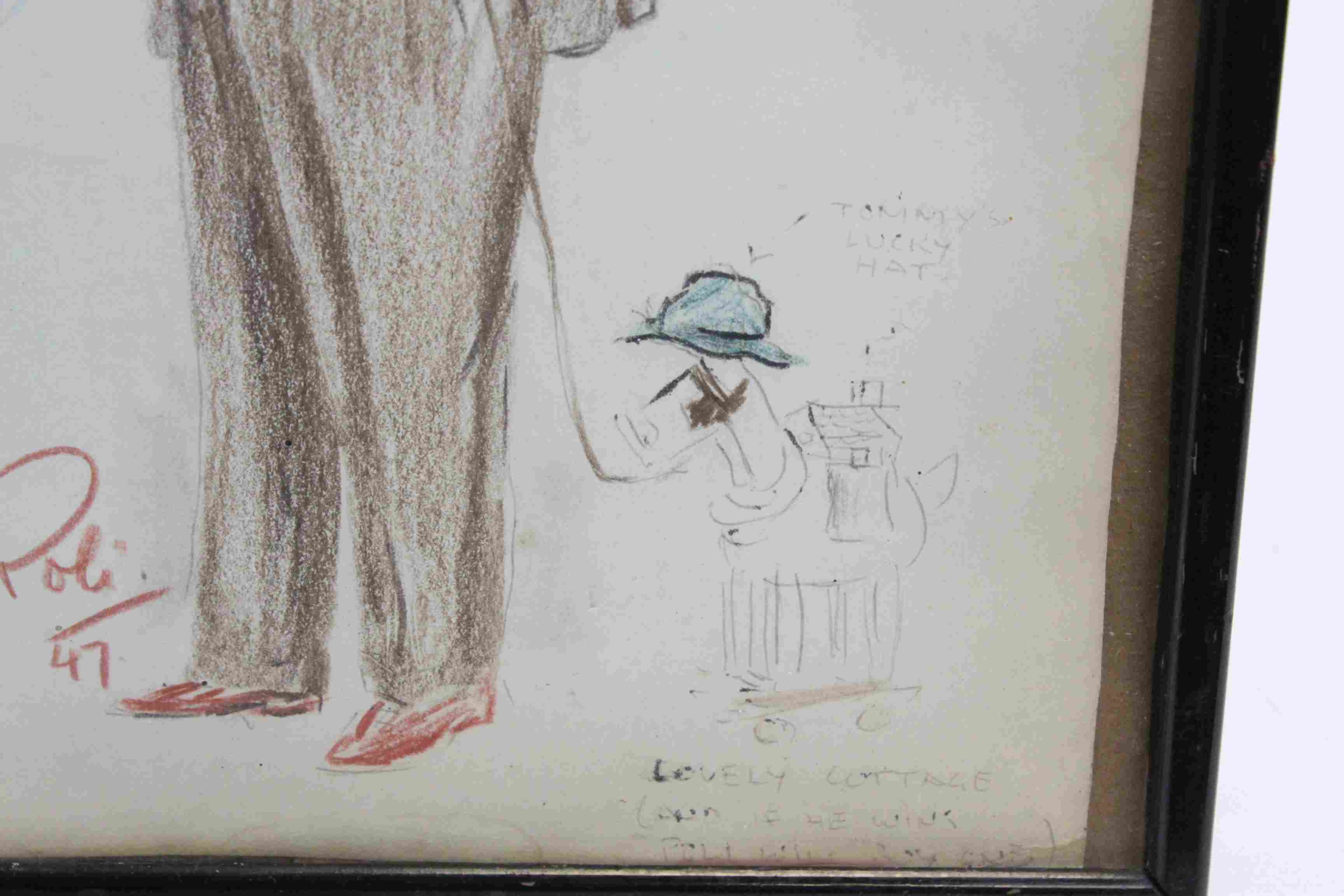 Framed and glazed Humorous sketch of Horse Trainer "Tommy Rayson" & signed "Poli '47" - Image 3 of 5