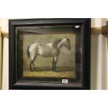 Ebonised Framed Oil Painting of Grey horse in a Stable