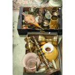 Box of Mixed Light Fittings and a Box of Metal Ware, Spelter Figure, Sylvac Vases, etc