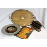 Edwardian Oak Oval Serving Tray with Brass Gallery Rail, Large Pewter Charger with Touchmarks to