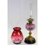 19th Century Oil lamp with Painted pink Glass reservoir and Red glass shade