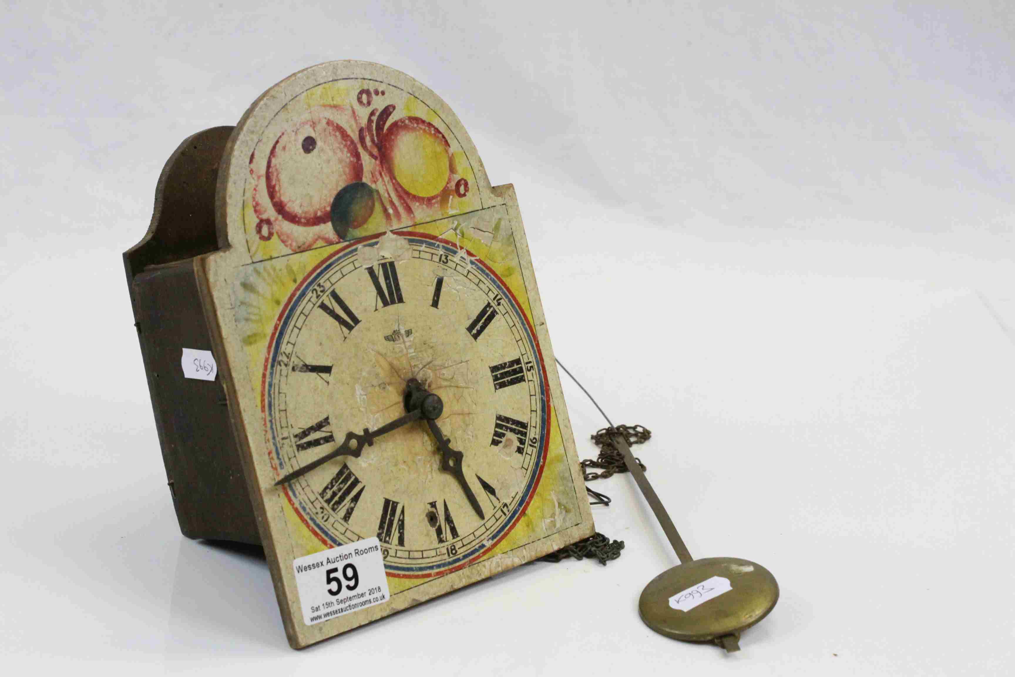 Vintage Swiss wall Clock with painted wooden Dial, cast Iron weights and a Brass pendulum