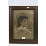 Antique portrait young girl watercolour wash with highlights signed WEH..