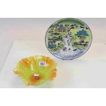 Walther-Glas of Germany Yellow and Orange Bowl and 1960's Thelwell Poole Pottery Plate Map of