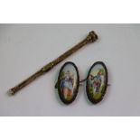 Pair of hand painted porcelain oval cameo Victorian cape brooches with Berlin cut steel border,