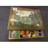 Early 20th century box, the lid with coloured print depicting country house and river scene, gold