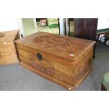 Large Hardwood Blanket Box carved with panels of Elephants, Birds, Landscape, Mountains, etc, 105cms