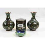 Four items of vintage Cloisonne to include a pair of Vases, a pot with lid and an ashtray