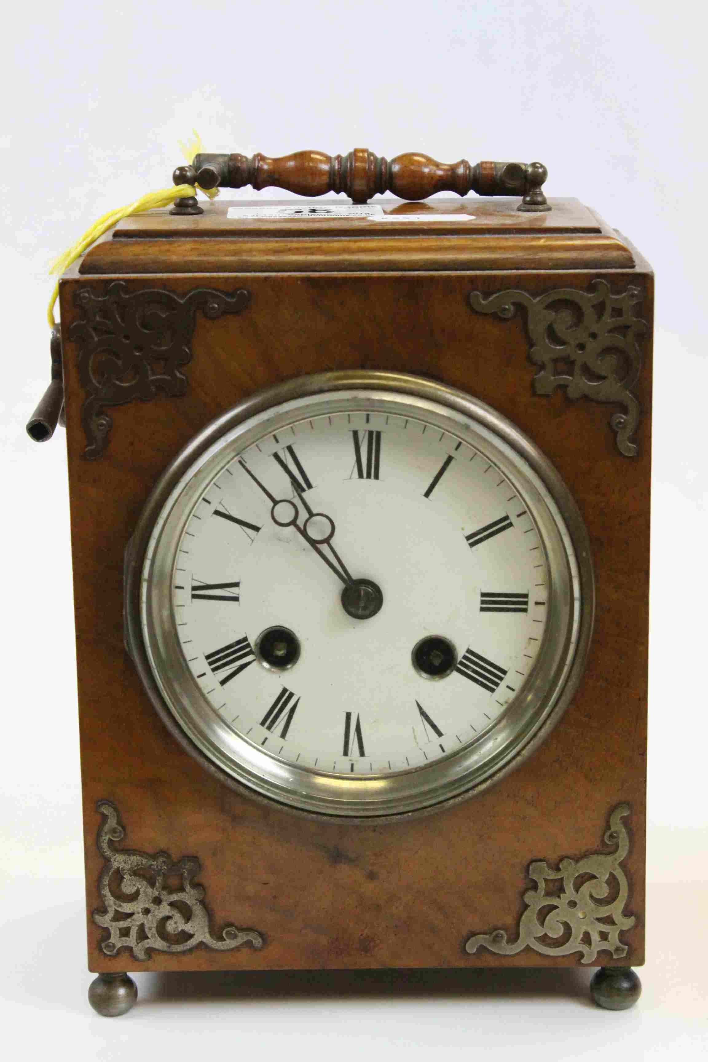 Wooden cased Key wind mantle clock with enamel dial, Brass fittings and Key - Image 3 of 5