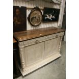Late Victorian Oak Part Painted Side Cabinet with Two Carved Fronted Drawers above Cupboard,