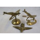 A Brass Trench Art Spitfire Model & Hurricane Model Both On Brass Stands Together With A Cast