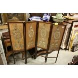 Late 19th / Early 20th century Mahogany Four Fold Screen with Silk Embroidered Panels, 112cms high