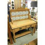 Late Victorian Ash Washstand with Tiled Back, Two Drawers, Towel Rail to both sides and raised on