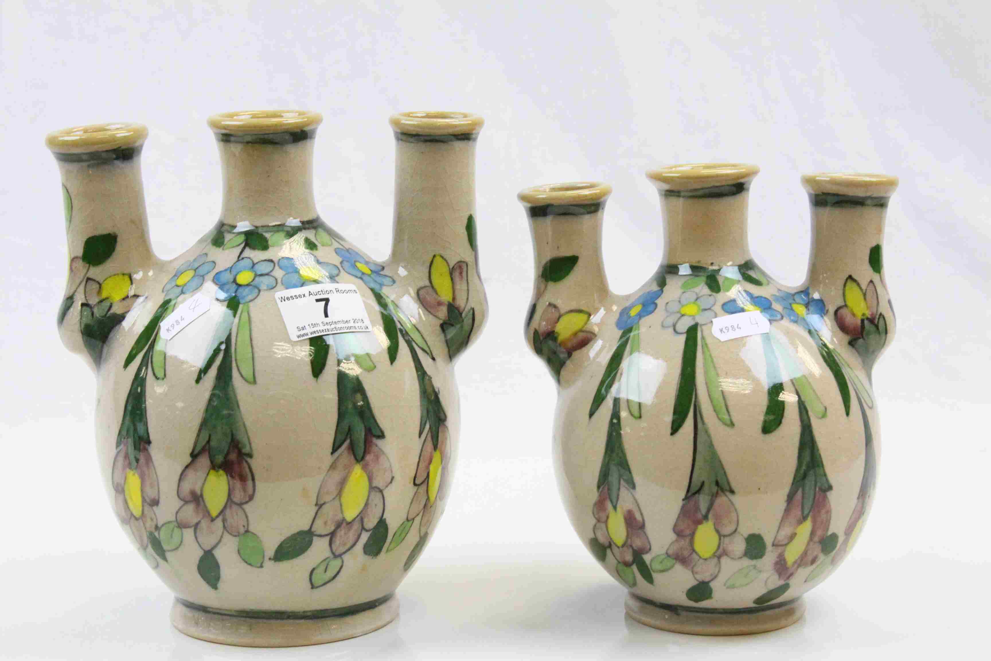 Two Persian Glazed Three Neck Tulip Vases