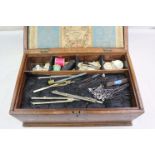 Inlaid vintage wooden work box with mixed contents