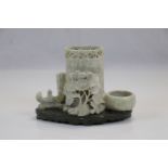 Carved soapstone pen pot with carved floral and foliate decoration and pierced rim. water bowl