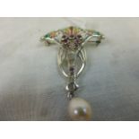 Silver Art Nouveau style plique a jour brooch with pearl drop