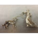 Art Deco Style Silver Brooch of a Lady walking her Dog