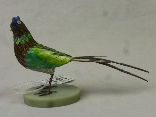 Cloisonne and filigree figure of an exotic bird on soapstone base, the feathers formed of filigree