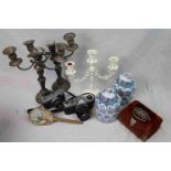 Mixed lot including Silver Plated Candelarbra, Cameras, Ceramics, Jewellery Box, etc