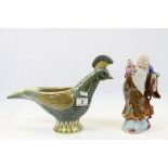 Lladro ceramic peacock vase (damaged tail) plus an Oriental figure of an old man with baby with