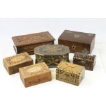 Seven small wooden boxes, various sizes