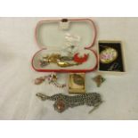 Collection of vintage costume jewellery to include a silver and gilt fob medallion, makers Fattorini