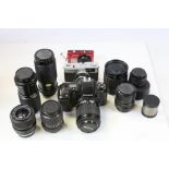 Group of camera equipment to include Nikon F601, lenses etc